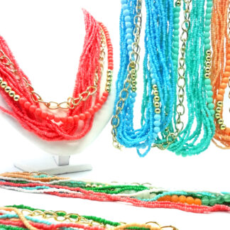 Collar Color Varias Vueltas Mostacillas, Bolones, Cadenas y Bolitas Metálicas